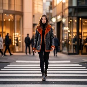 Womens Black Double Breasted Shearling Leather Jacket with Rust Trim Size L BNWT